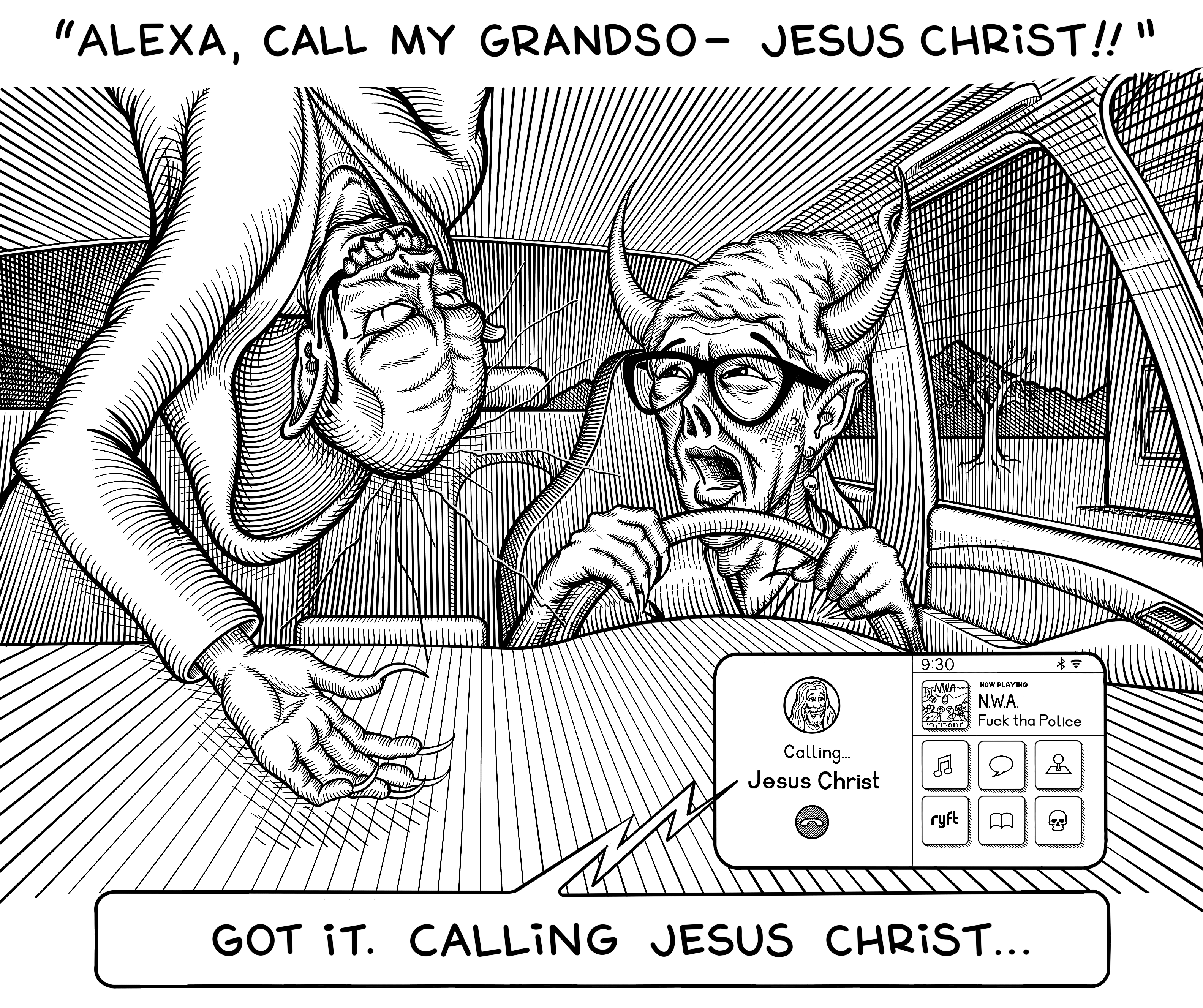 Otho hangs upside down on the cracked windshield of the car that rammed him. Betty, an elderly woman demon with horns and skull earrings who is driving the vehicle screams as she's surprised by the collision, "Alexa, call my grandso- Jesus Christ!"