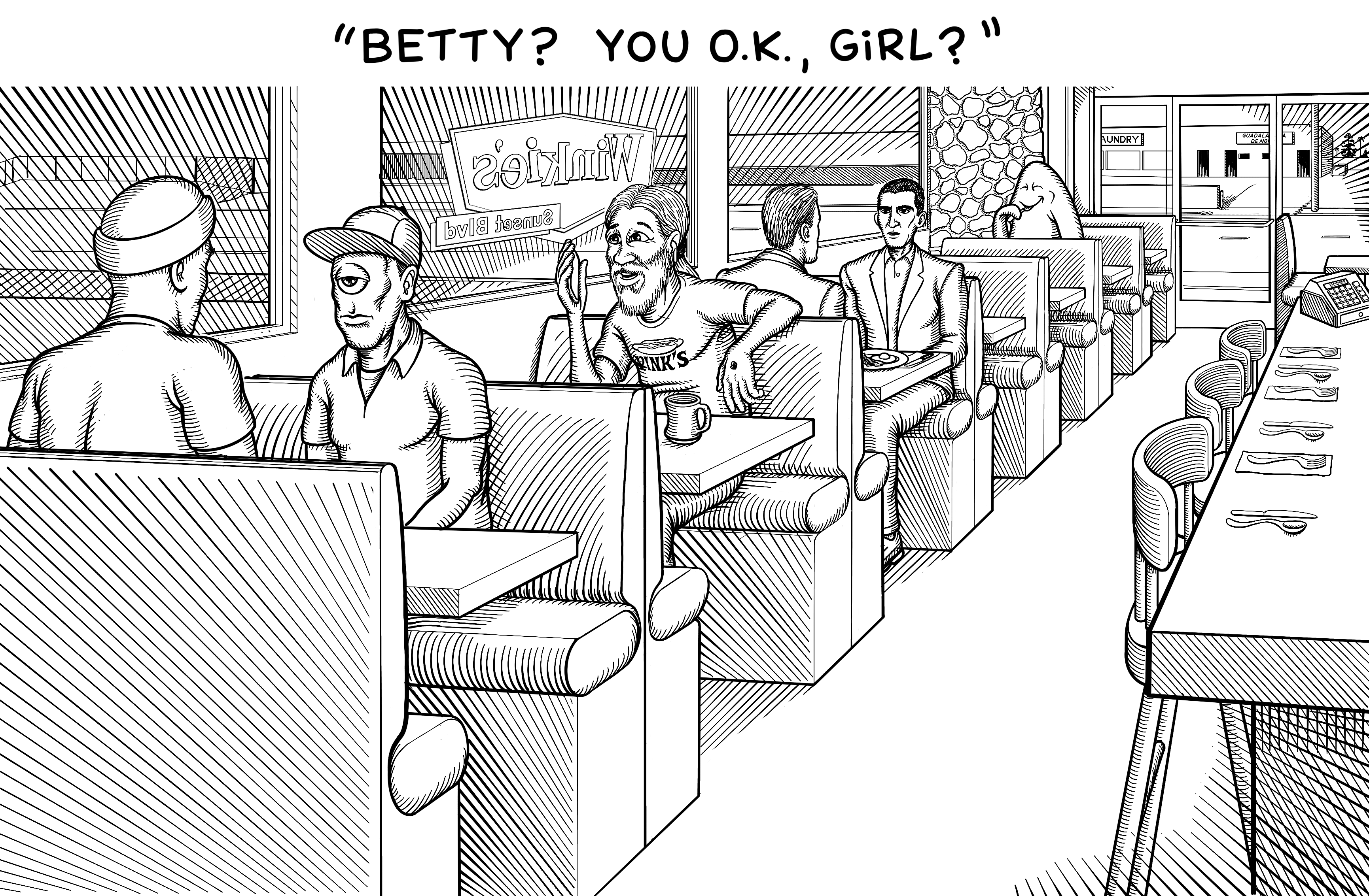 Jesus Christ answers the phone on his airpods as he sits in a booth drinking coffee at Winky's Diner from Mulholland Drive. "Betty? You OK girl?" he asks. Herb and Dan sit in the booth behind him. A couple booths down Lil Floofy, a happy blob monster, eats his breakfast.