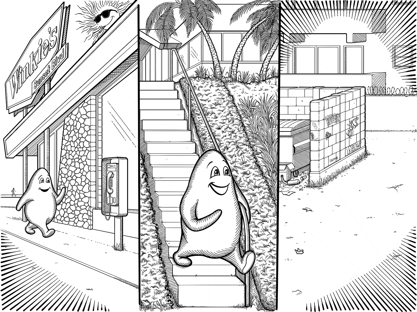 Lil' Floofy walks outside Winkie's exterior, down a narrow set of stairs out the back past some palm trees, and a panel showing their point-of-view approaching a graffiti covered wall near the dumpsters in a scene that is similar to Mulholland Drive.