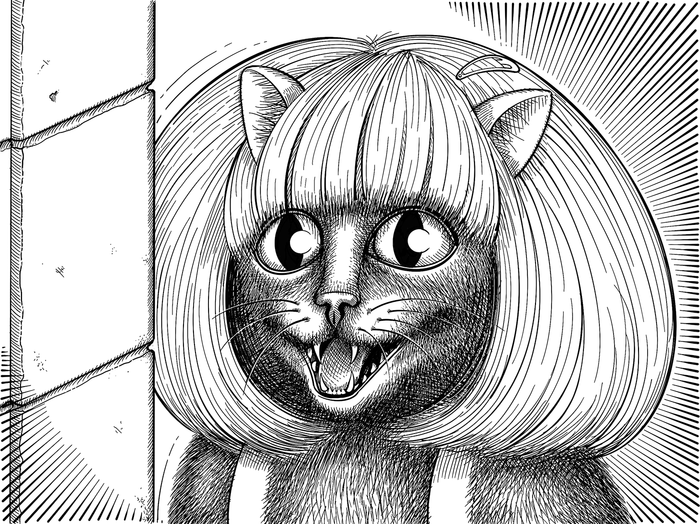 Daisykins, a cat with an exquistly maintained voluminous bob haircut, suddenly pops out from behind the wall with a big smile.