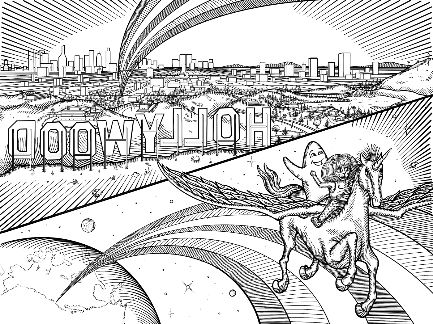 The rainbow from the dream box burst out into the air from Sunset Blvd across a panorama of Los Angeles from behind the Hollywood sign. In the second panel, Daisykins and Lil' Floofy smile with their arms in the air as they ride a pegasus on the rainbow trail into outer space. The earth is visible behind them with the rainbow trail arching back down to California.
