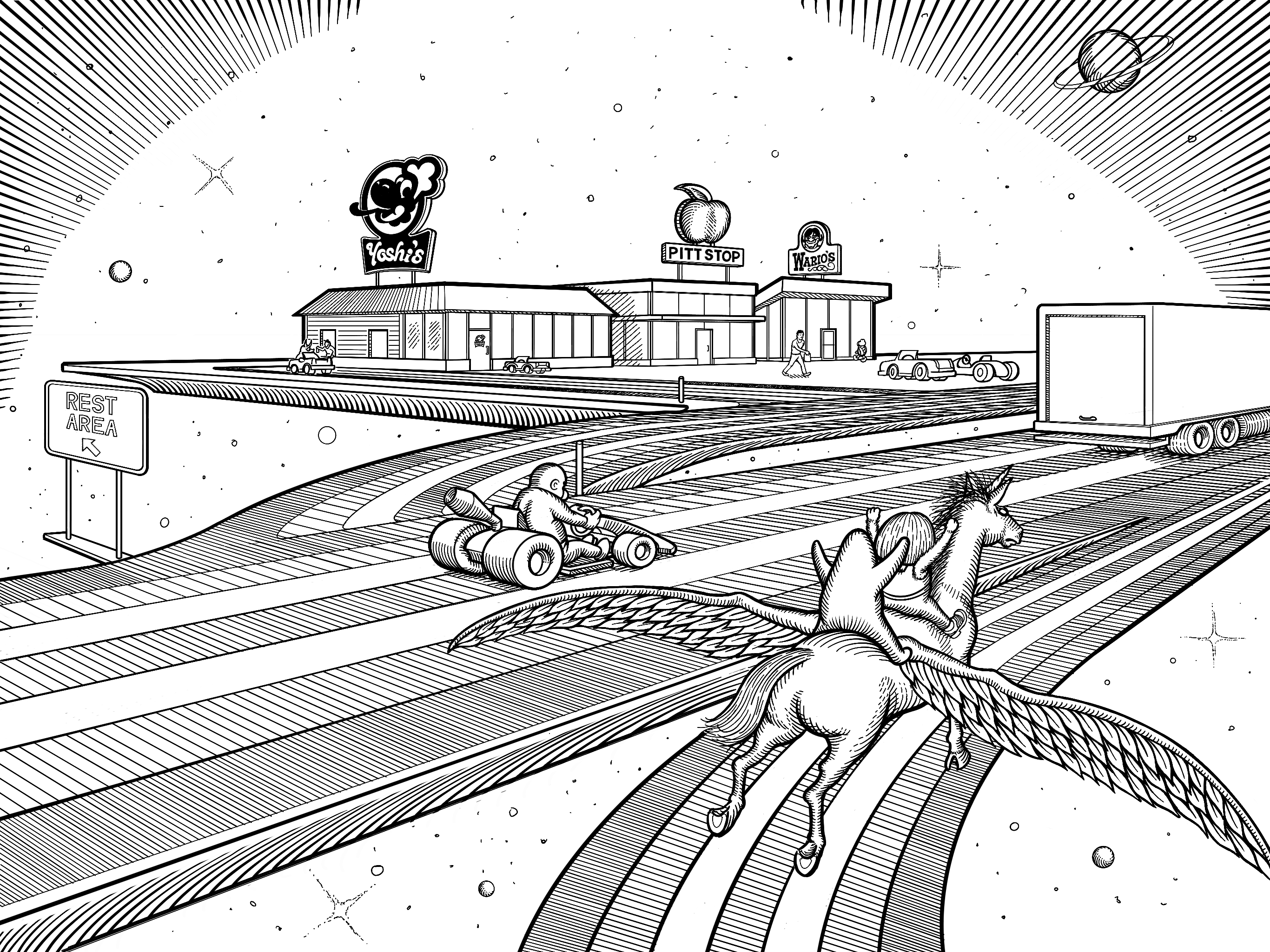 Lil' Floofy and Daisykins ride their pegasus up the rainbow on-ramp to the Rainbow Road. A man in a go-kart and a semi-truck drive by on Rainbow Road. There is a rainbow rest area on the left with several rainbow restaurants; Yoshi's, Peach's Pitt Stop, and Wario's.