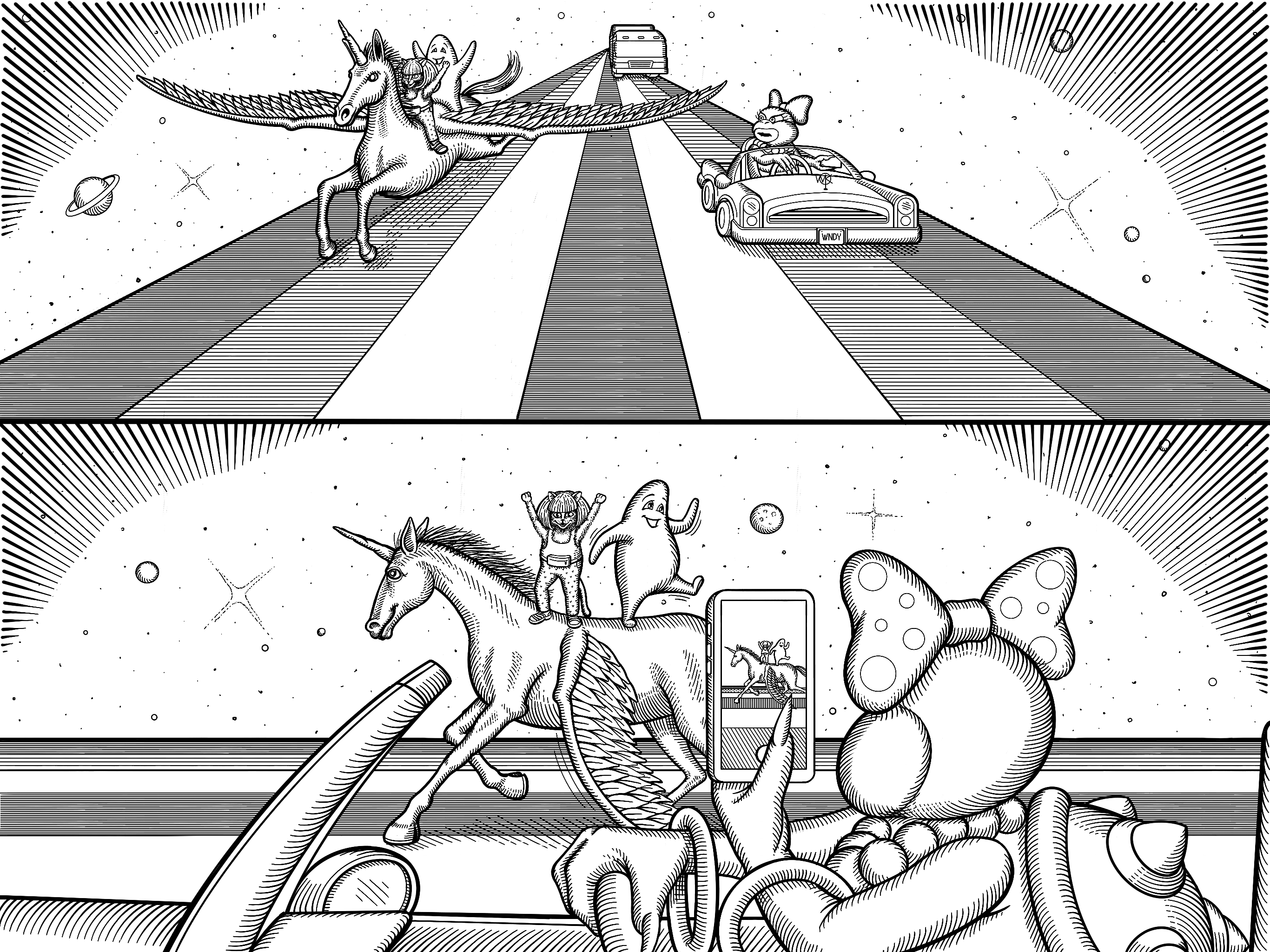 In the first panel, Lil' Floofy and Daisykins ride their pegasus along side a small vintage convertible with Wendy O Koopa behind the wheel and looking angrily at the pair. In the second panel, Wendy O Koopa records a phone video of Lil' Floofy and Daisykins dancing merrily on the back of the pegasus galloping along down rainbow road.