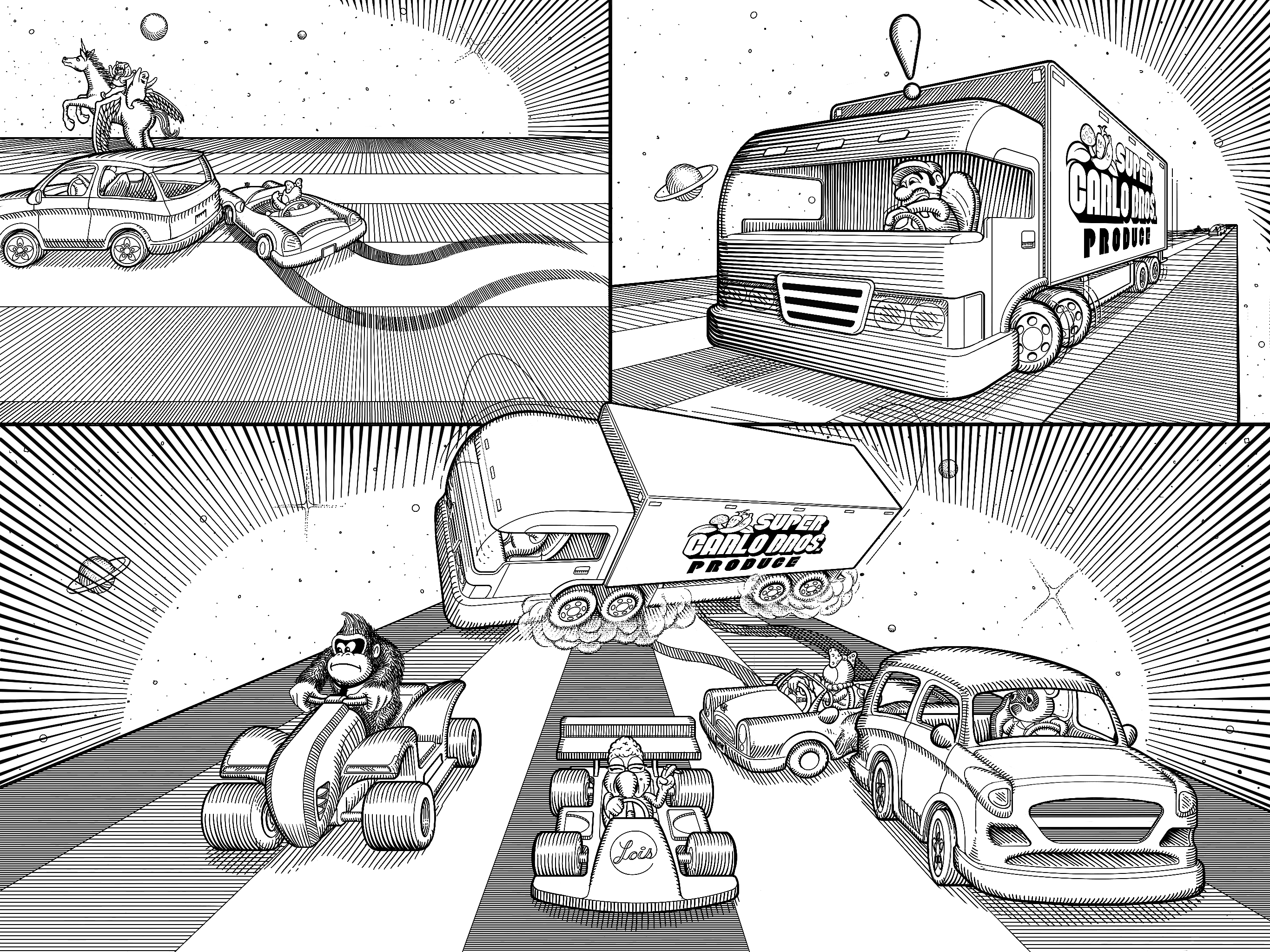 Wendy O Koopa skids out of control and slams into the back of a small SUV as Lil' Floofy and Daisykins ride past. In the second panel, Mario and Luigi's third older brother Carlo urgenty turns the steering wheel of his Super Carlo Bros produce truck trying to avoid a crash. The truck begins to roll over with smoke billowing from the tires as it slides. Wendy looks on from her vehicle wrapped around Tom Nook's SUV. In the middle lane, Bowser's secretary Lois smokes a cigaretter in her small personalized go-kart. In the far left lane, Donkey Gorilla, an ape, sits in traffic on their 4-wheeler ATV.