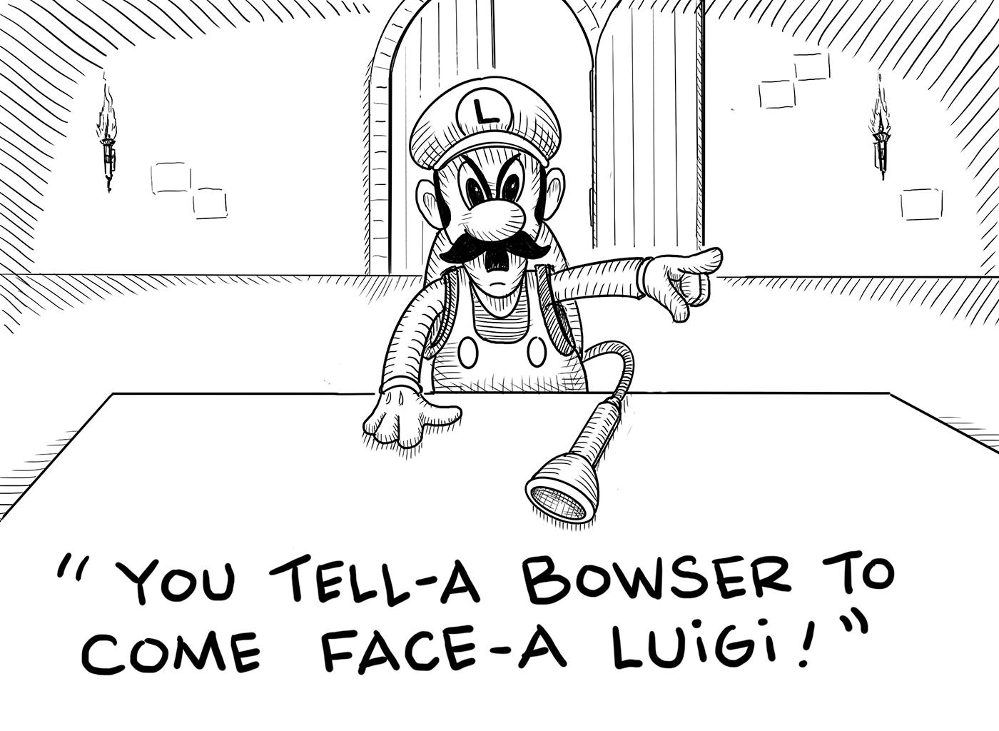 Luigi demanding Bowser come face him