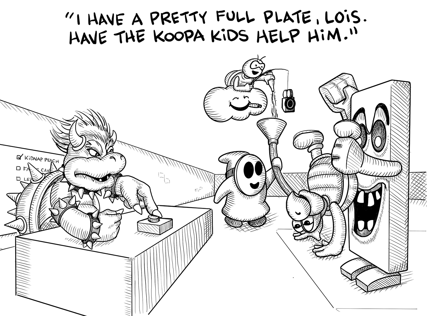 Bowser saying he is busy while really partying with Mario World characters