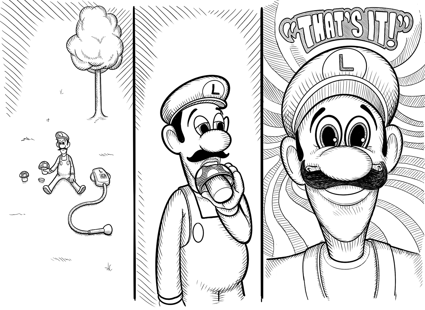 Luigi eating a magic mushroom and having an epiphany