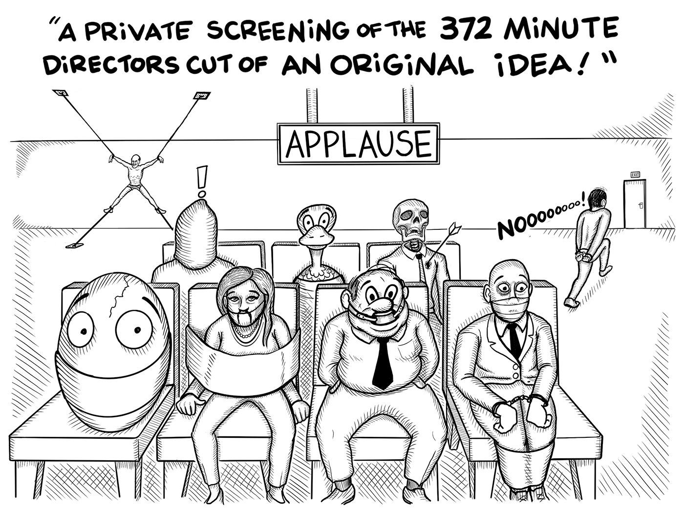 Comic panel revealing the studio audience to be various cartoon hostages