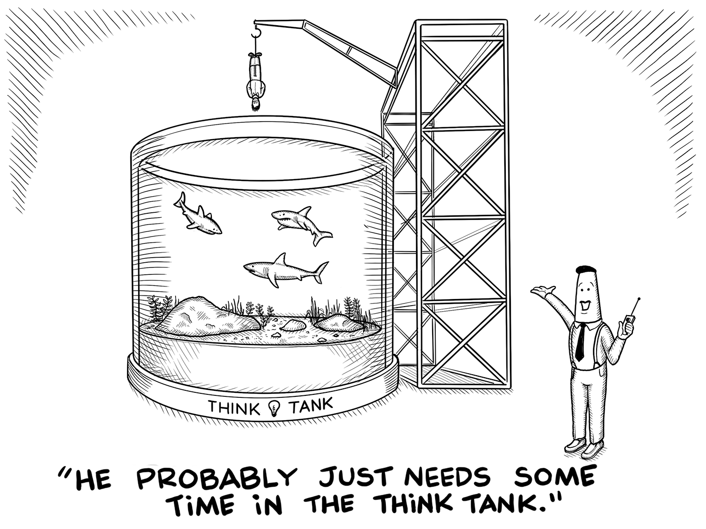 The Ideas Man showing a hostage being dangled over a shark tank called the Think Tank