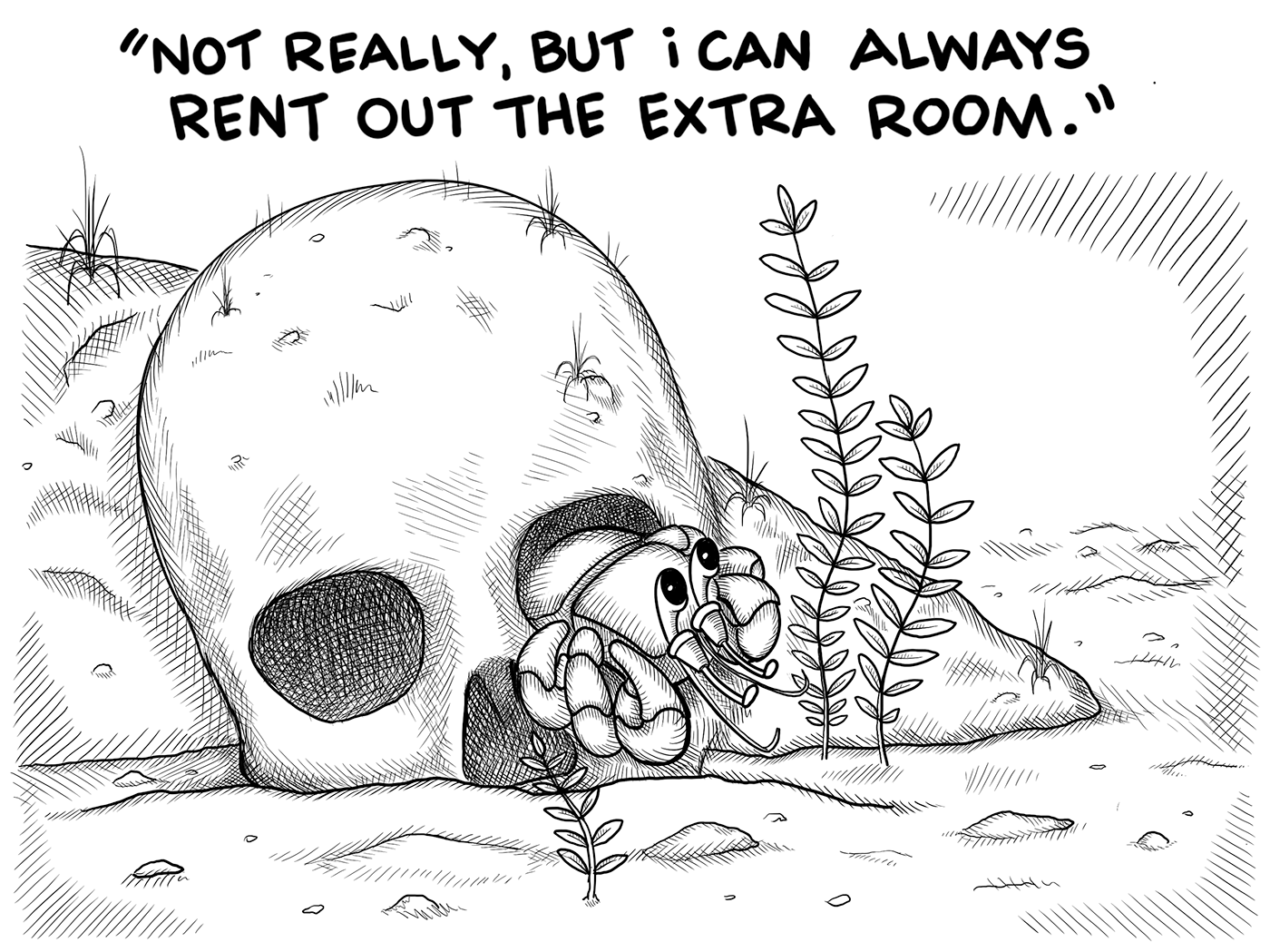 A comic panel revealing that the two bedroom apartment is a skull with the hermit crab sitting in one eye socket