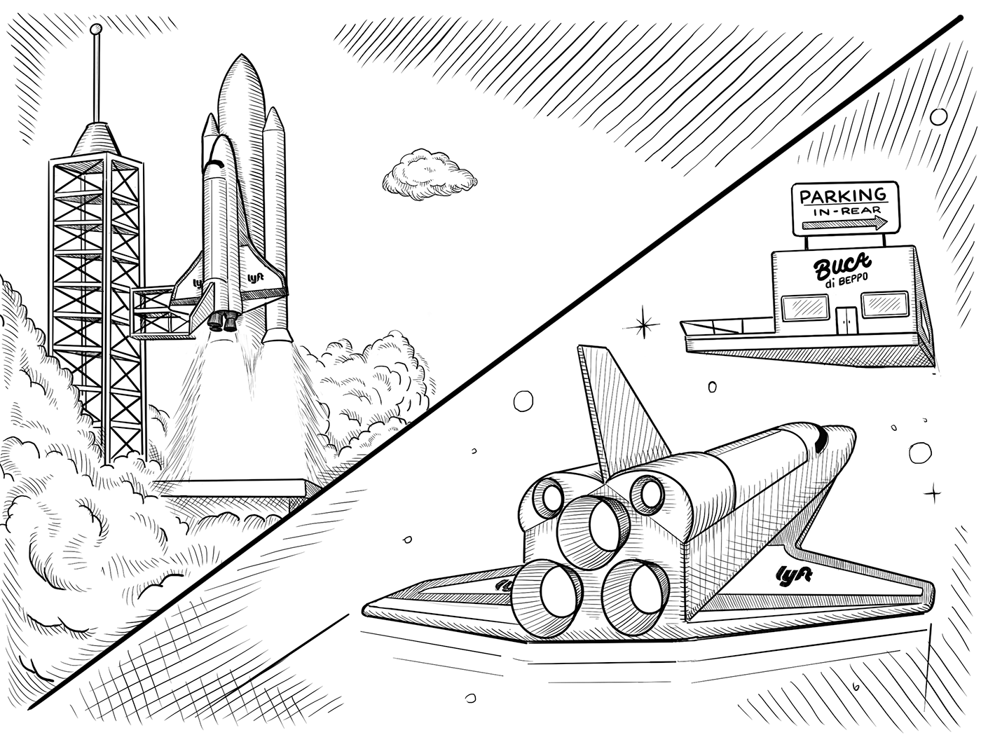 Split-panel comic of a Space Shuttle Lyft vehicle launching and then arriving at Buca Di Beppo in earth's orbit