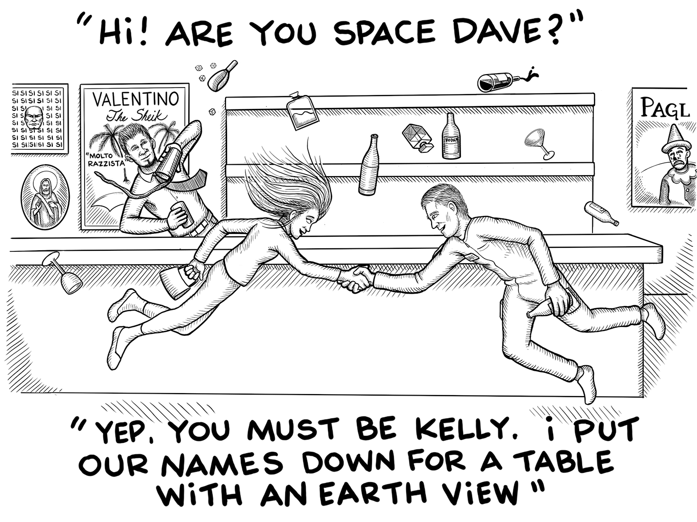 A couple introduces themselves at a bar in zero gravity.