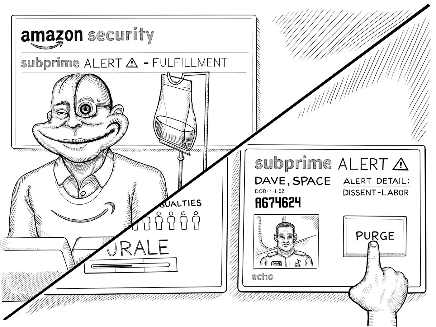 Amazon security sees the Subprime Alert for labor dissent and presses the Purge button on the screen