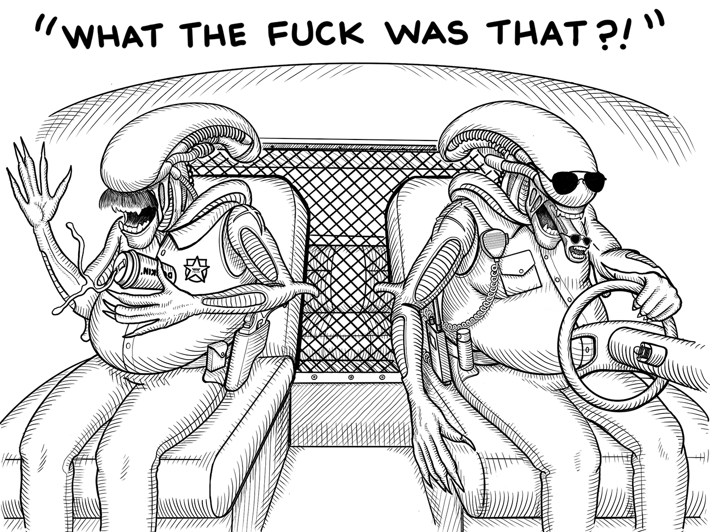 Two alien xenomorph police officers are surprised by the collision.