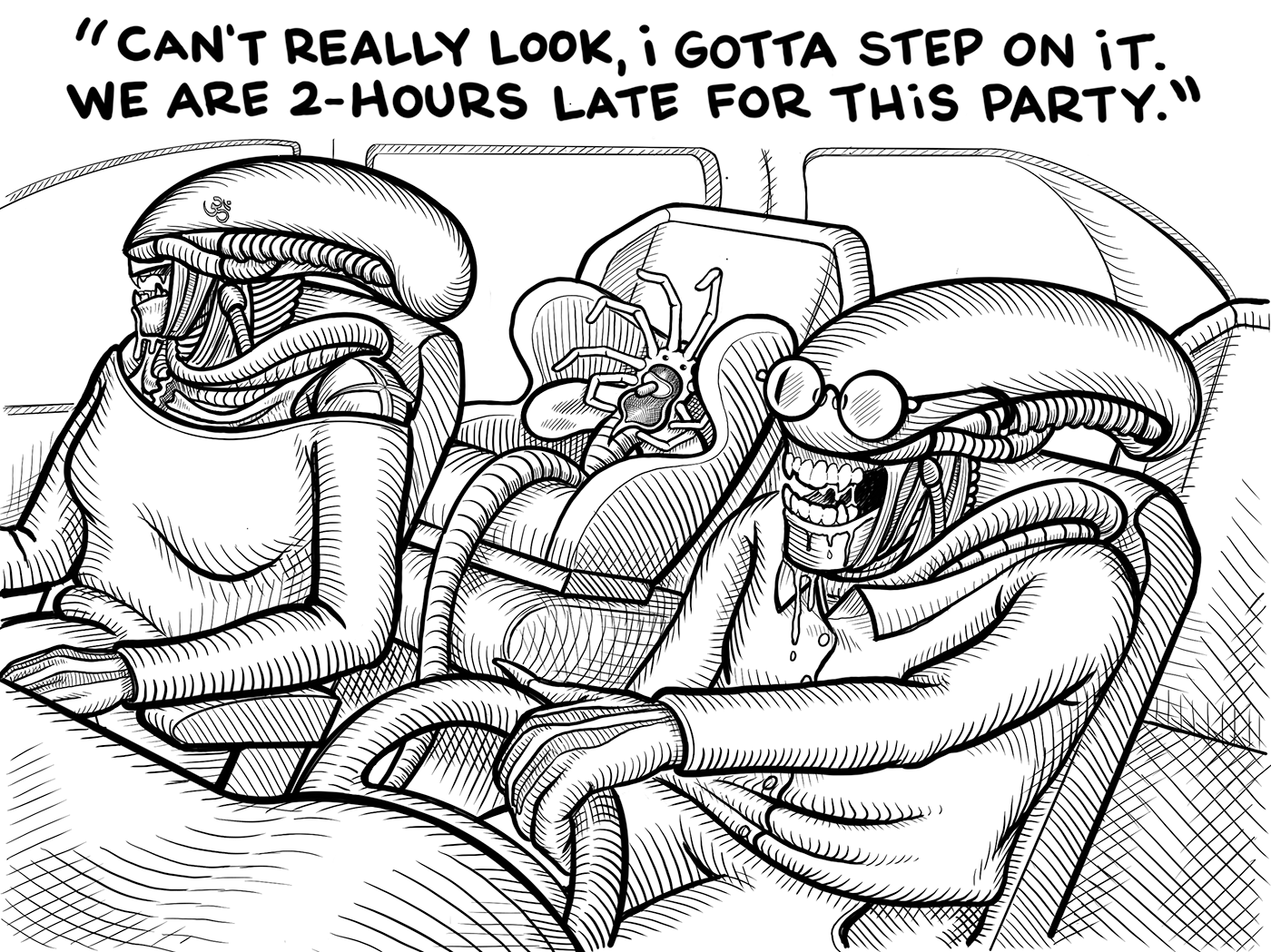 The xenomorph husband tells his wife he can't look because they are late