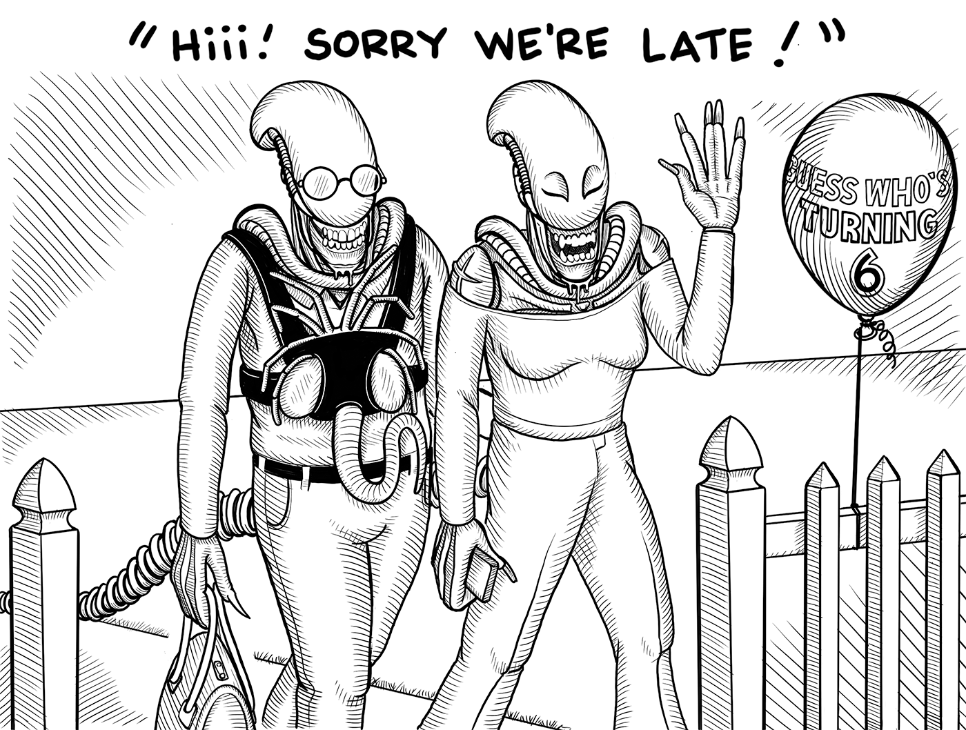 The xenomorph couple arrive at a birthday party with a white fence and a birthday balloon.