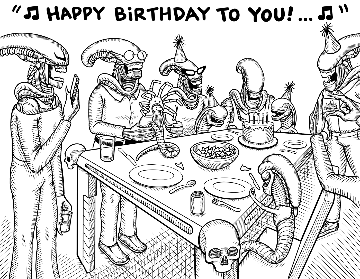 A group of xenomorphs and chestbursters sing happy birthday around a table.