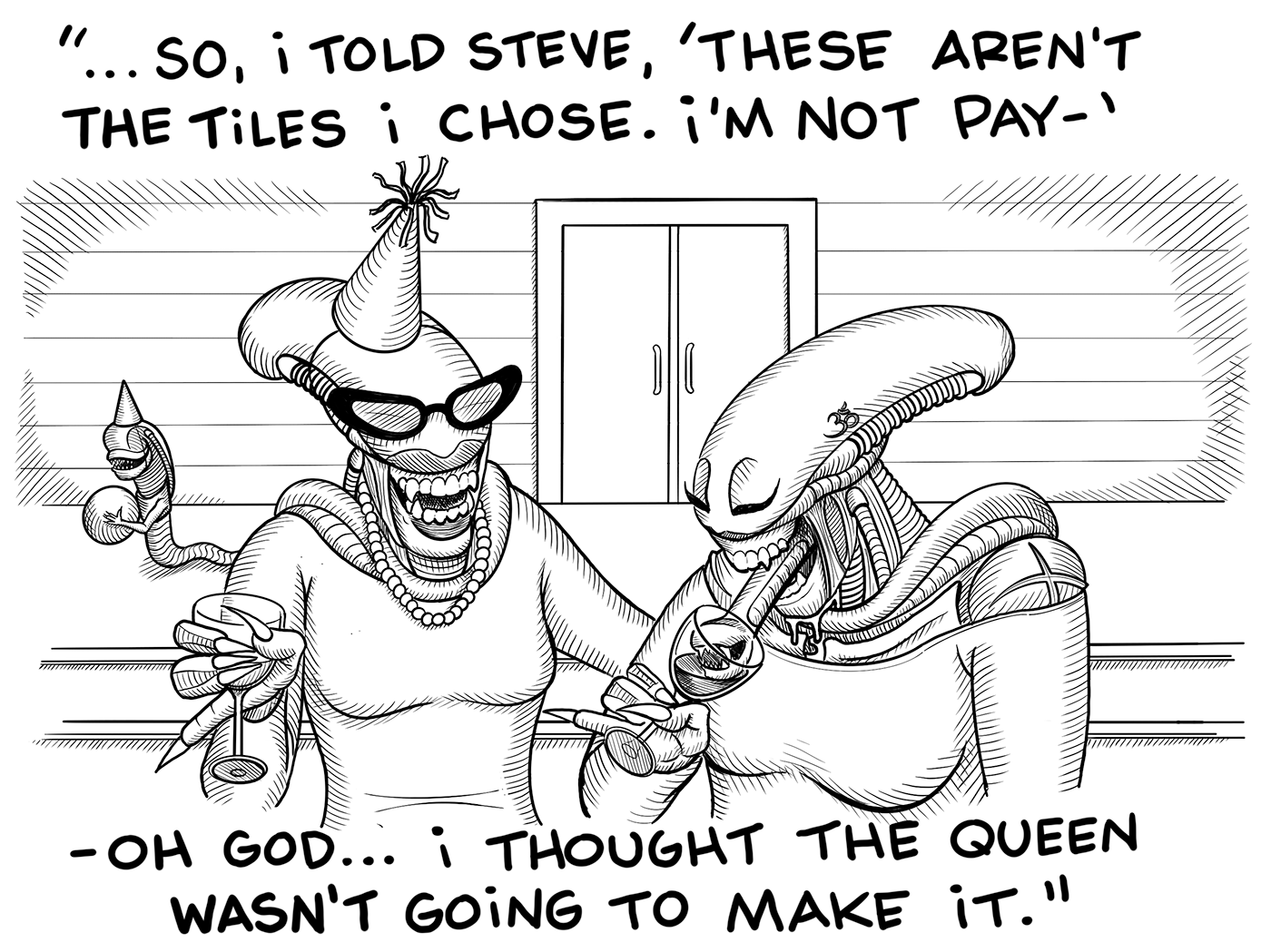 Two adult women xenomorphs discuss bathroom tiles and are interrupted by the queen xenomorph showing arriving