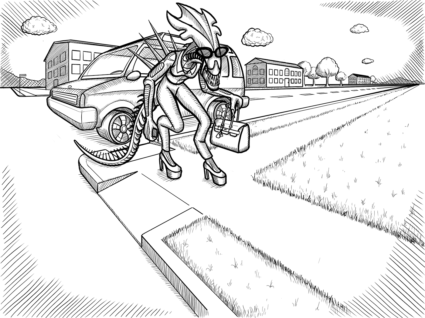 The queen xenomorph arrives in an SUV carrying an hermes birkin bag.