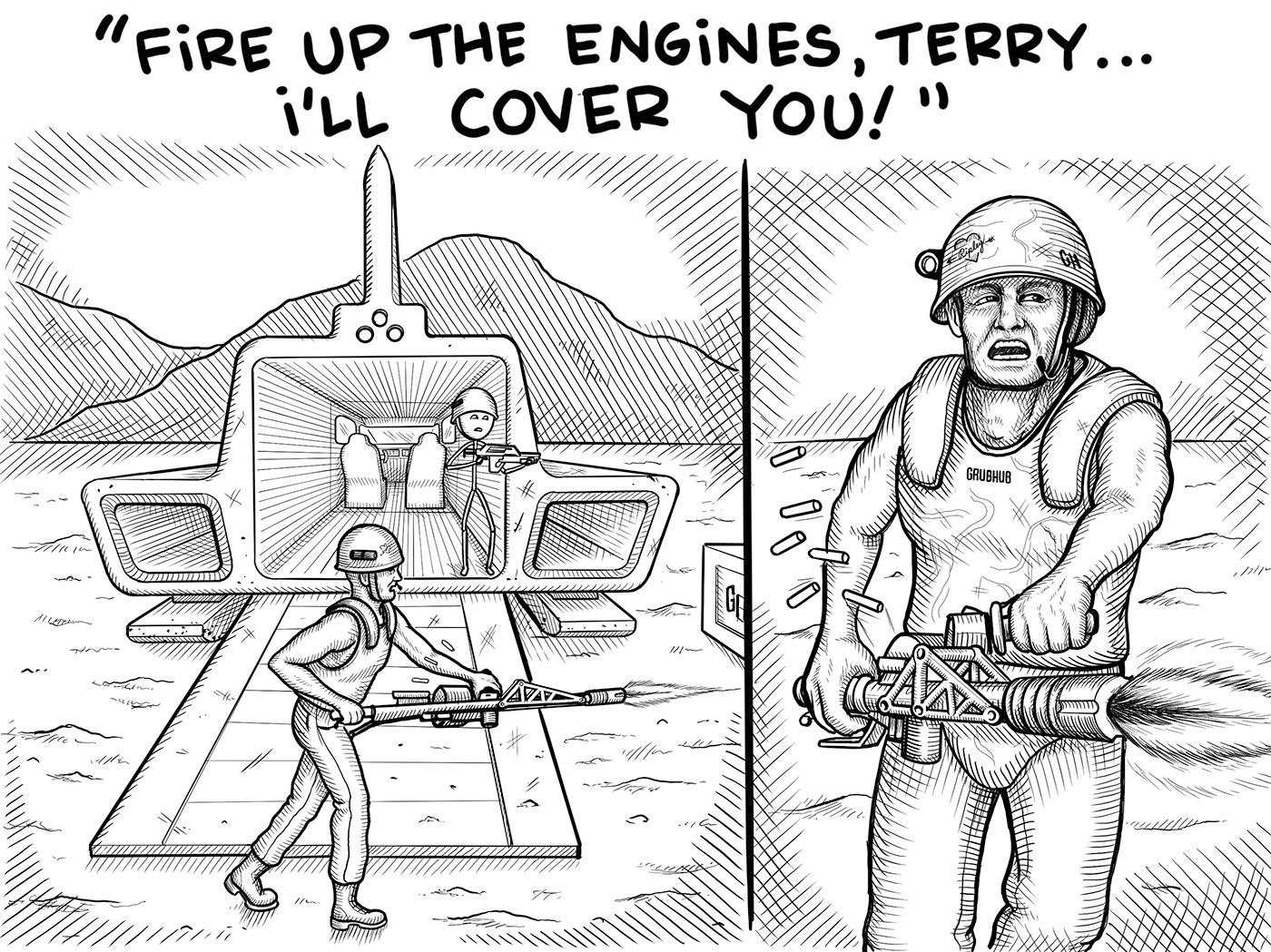 The marine tells terry to fire up the engine while offering cover fire.