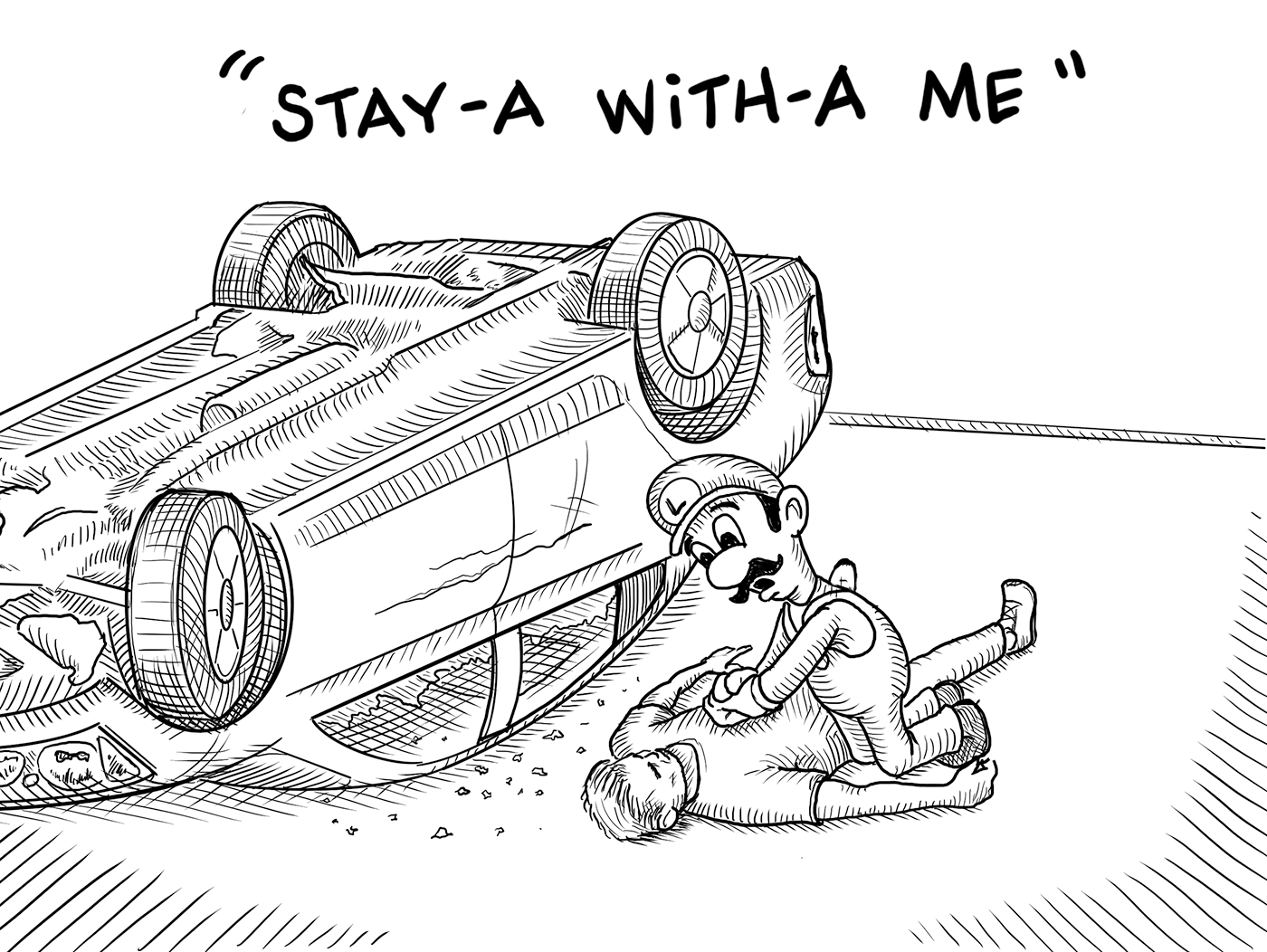 Luigi administers CPR to pedestrian, saying "Stay-a with-a me"