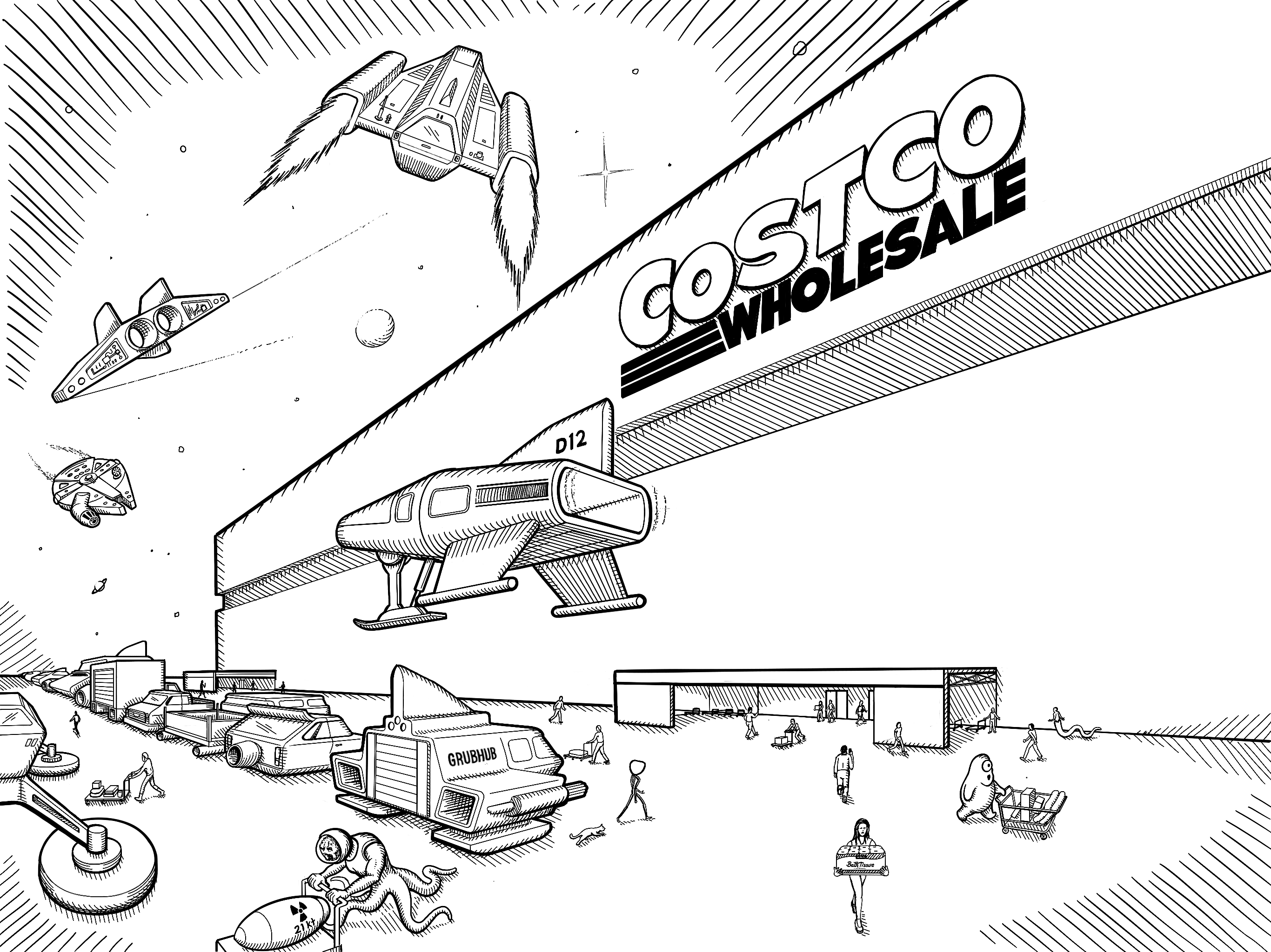 Terry and the cat walk into Space Costco from the parking lot filled with space ships.