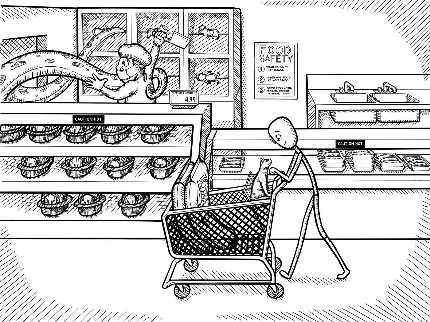 Terry pushes a Costco shopping cart full of Gritty Kitty litter and stares the cat in the eyes as he walks by the hot bar.