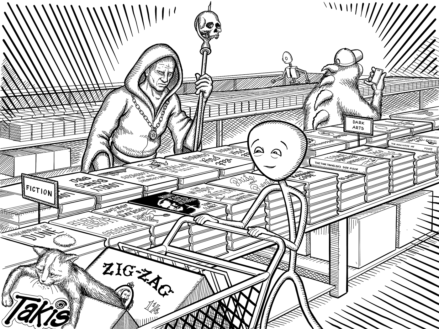 Terry walks by the book section pushing the cart full of Zig Zag rolling papers while the cat chews a corner. A necromancer reviews parody book titles.