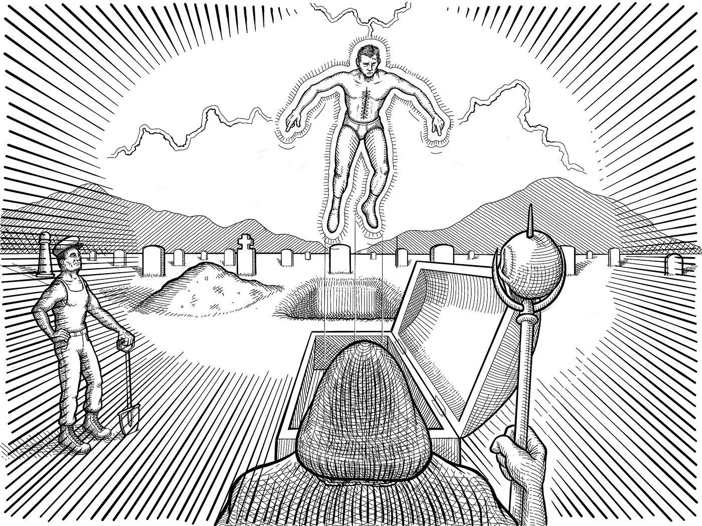 A male corpse wearing underwear briefs and socks floats in the air above an open casket as lightning strikes.