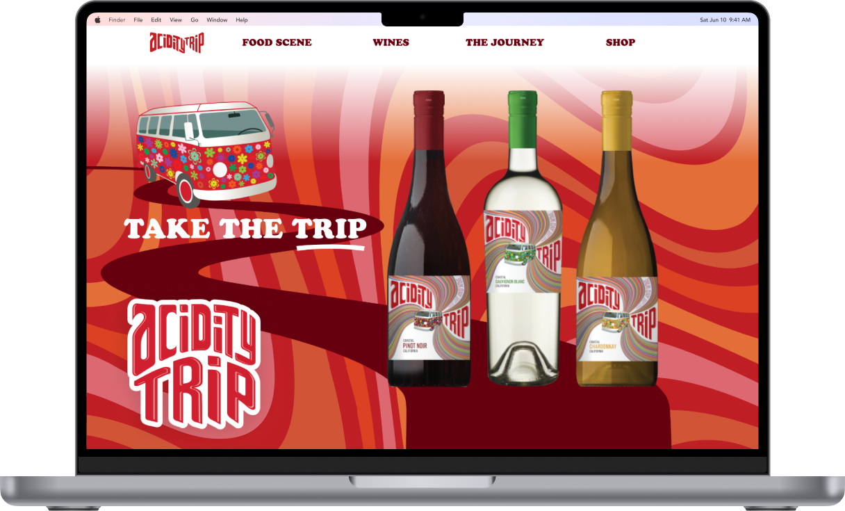 Acidity Trip wine label desktop website home page design on macbook, wine detail page on iphone 14 and map.