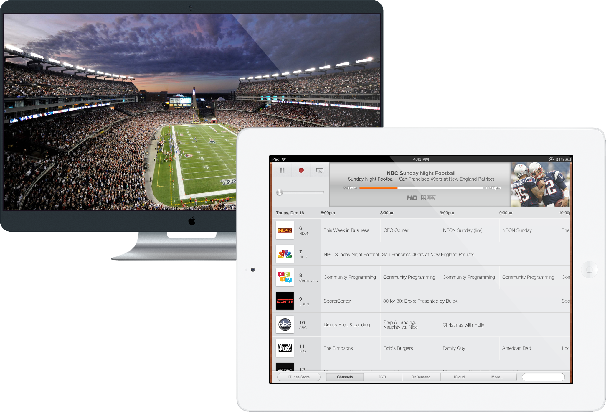 Rendering of Apple TV television set with NFL game playing and prototype of ipad controller UI