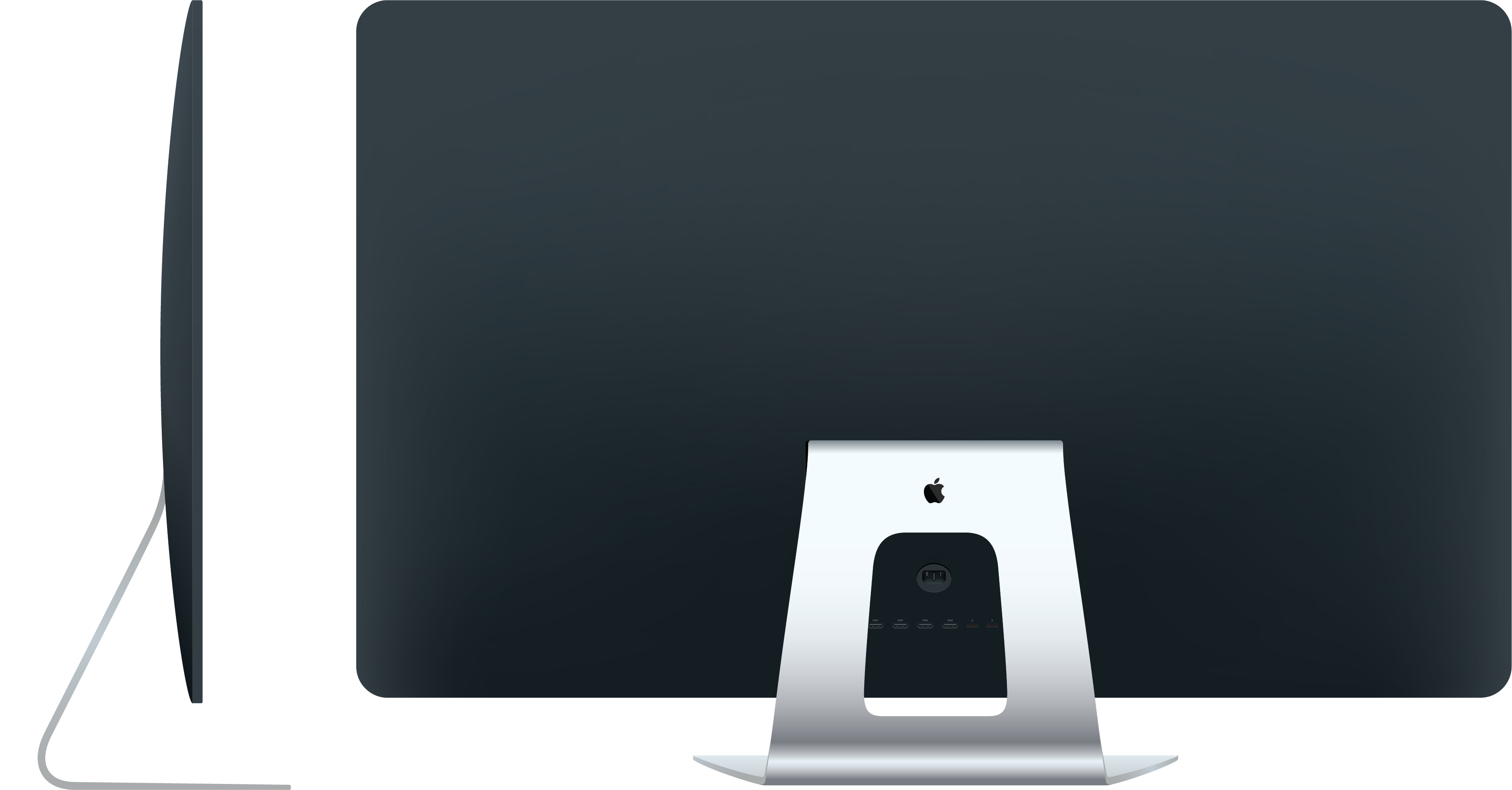 Side and rear views of Apple TV television set with stand product rendering