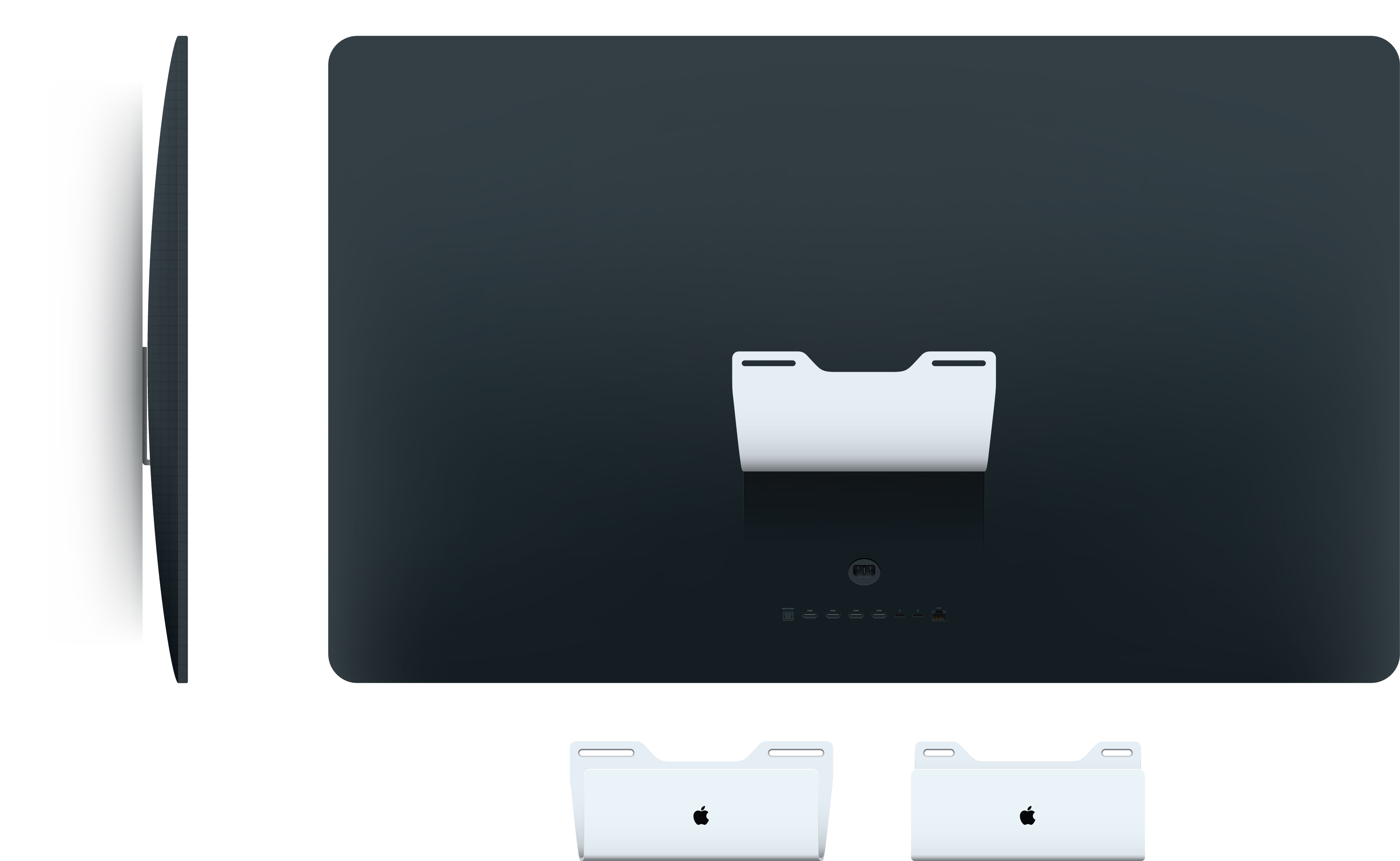 Side and rear views of Apple TV television set with custom wall mount product rendering