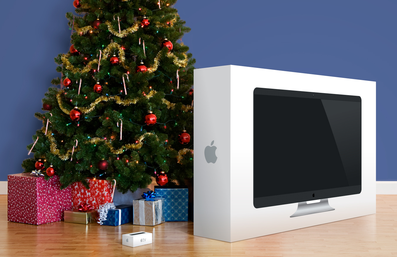 Renderings of Apple TV television set and set-top device packaging undwrapped under Christmas Tree