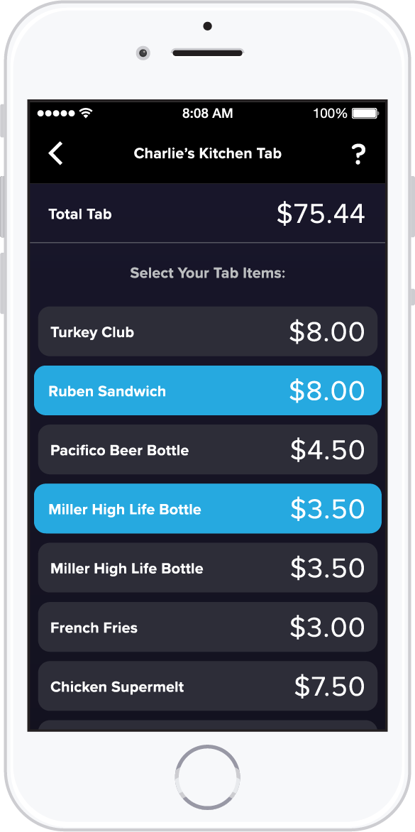 Restaurant tab item select screen for the Bar Tab application