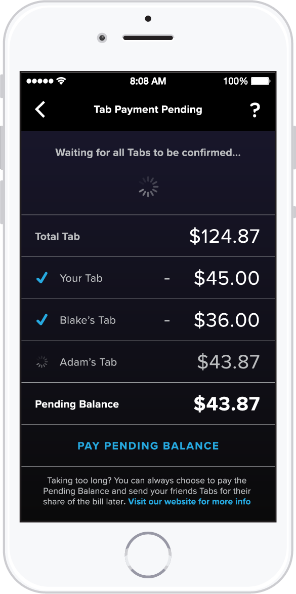 Remaining payments pending screen for the Bar Tab application