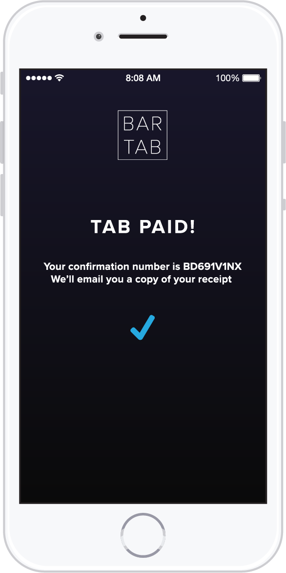 Tab paid confirmation screen for the Bar Tab application