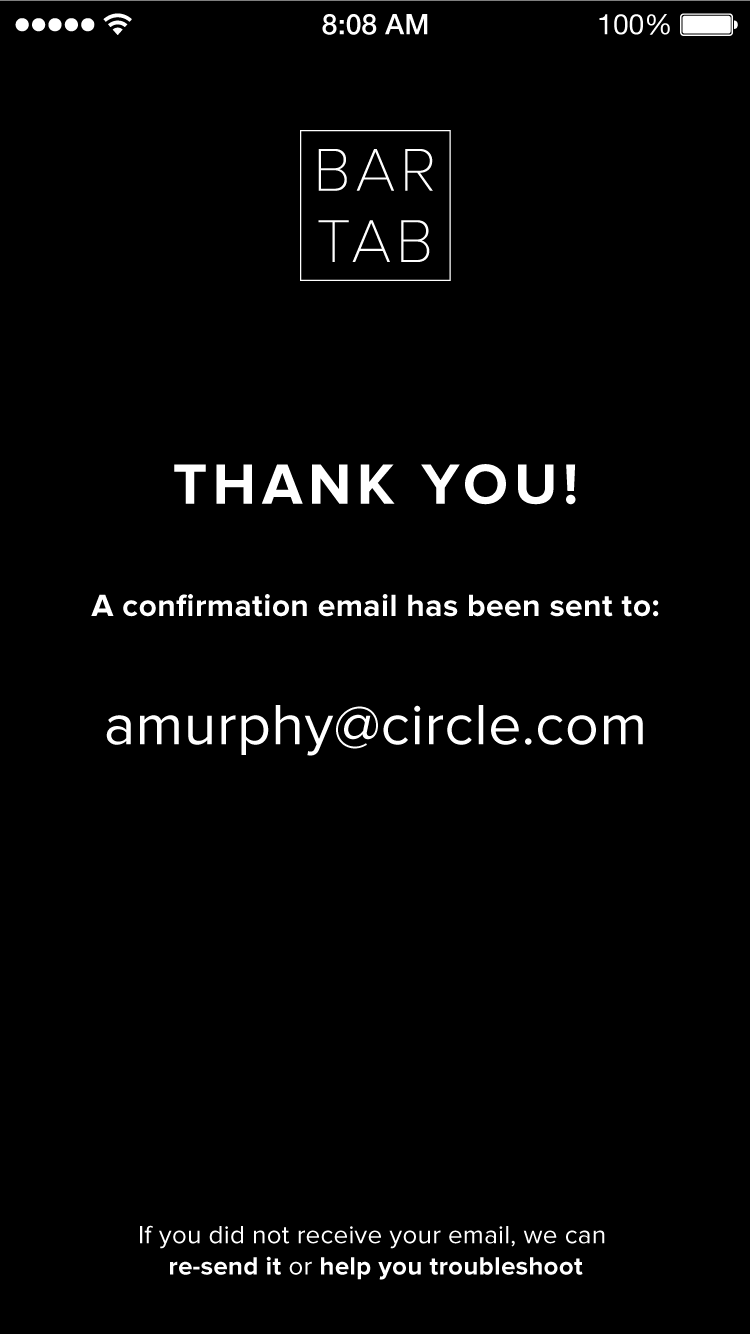 Bar Tab application sign-up confirmation screen