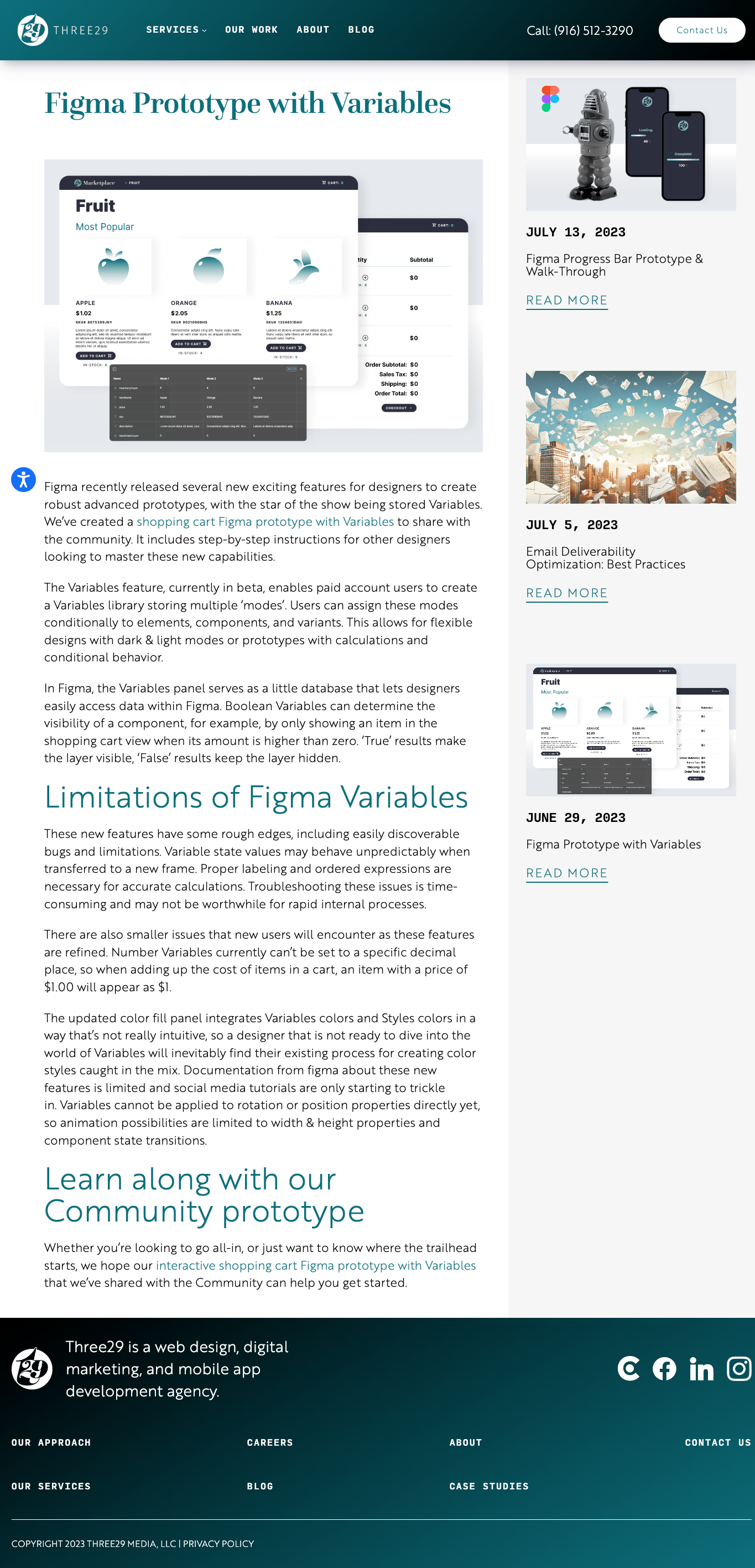 Figma variables prototype blog post on Three29 agency website