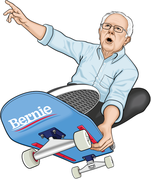 Bernie Shreds graphic of Bernie Sanders on a skateboard