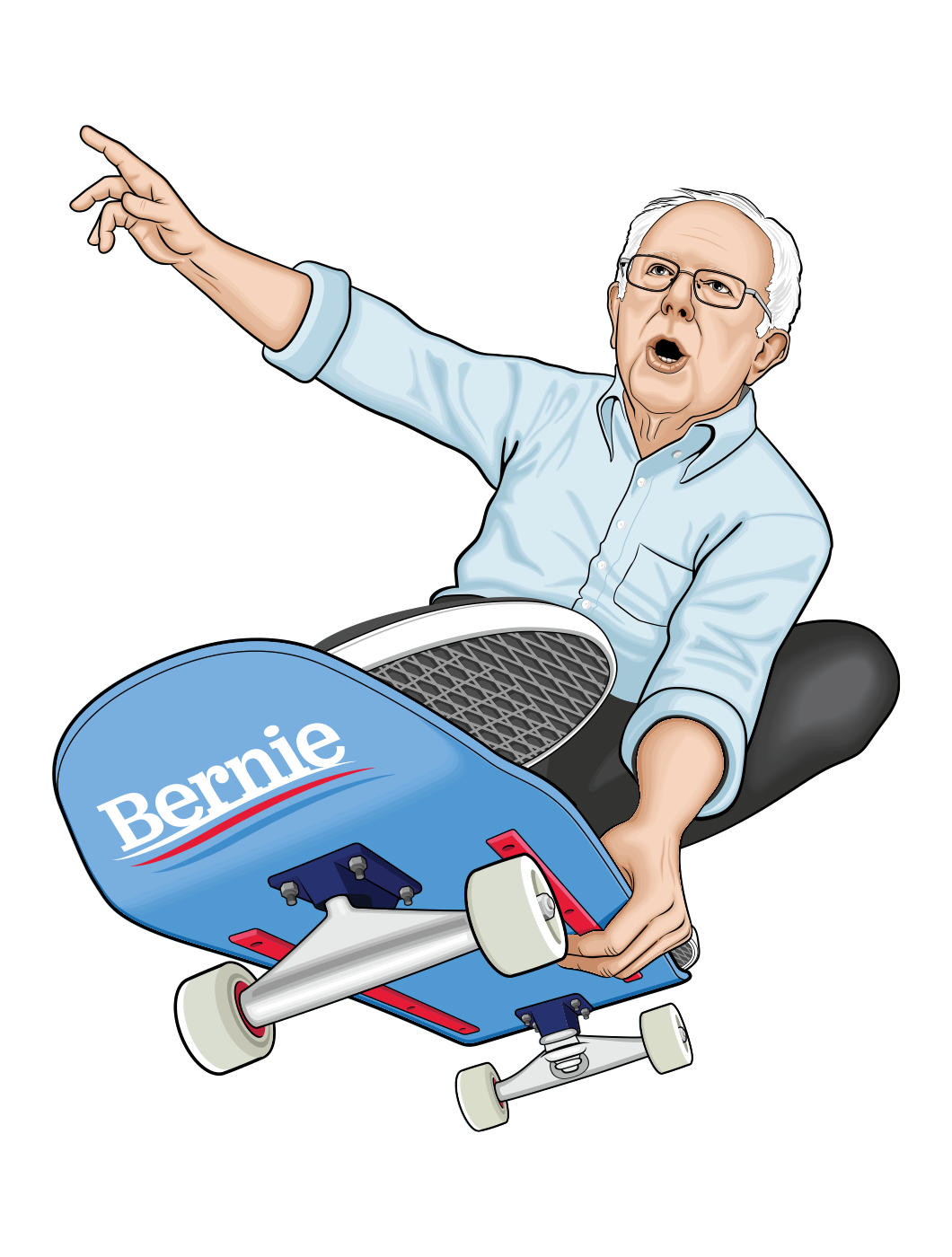 Bernie Shreds Gnarly Election graphic of Bernie Sanders on a skateboard