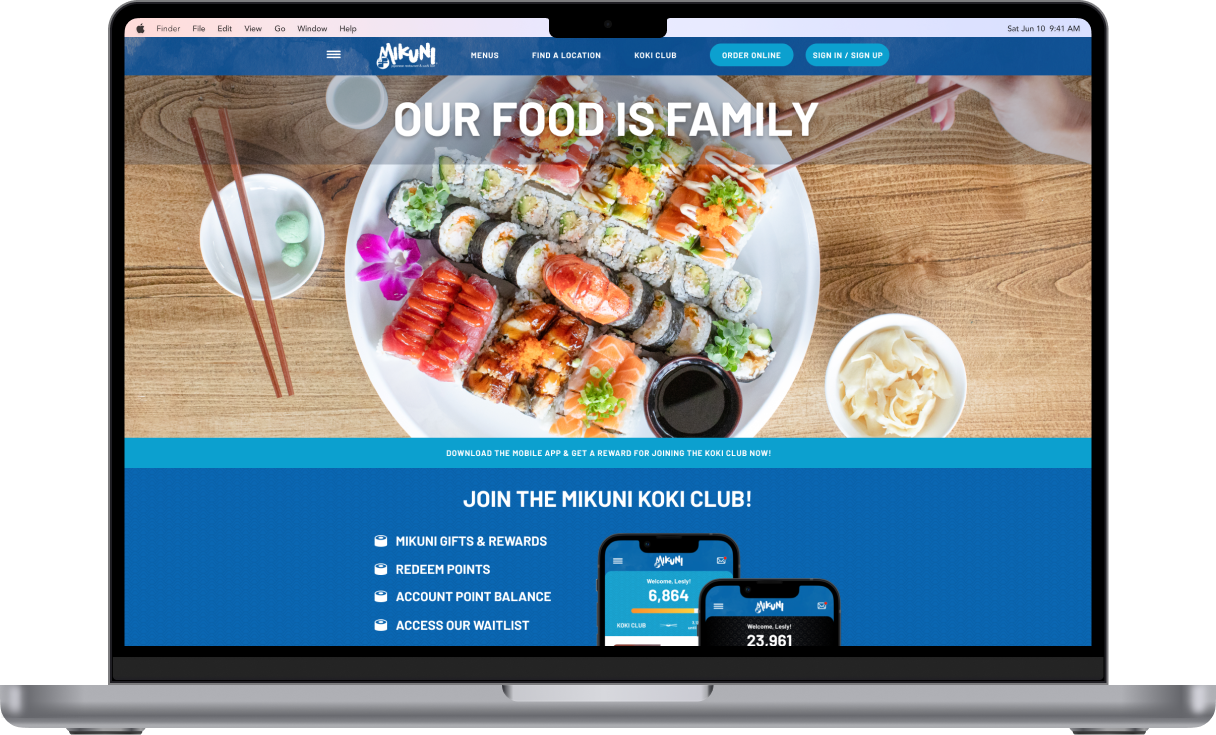 Mikuni sushi mobile app splash screen & menu screens, desktop homepage on macbook and head chef Taro