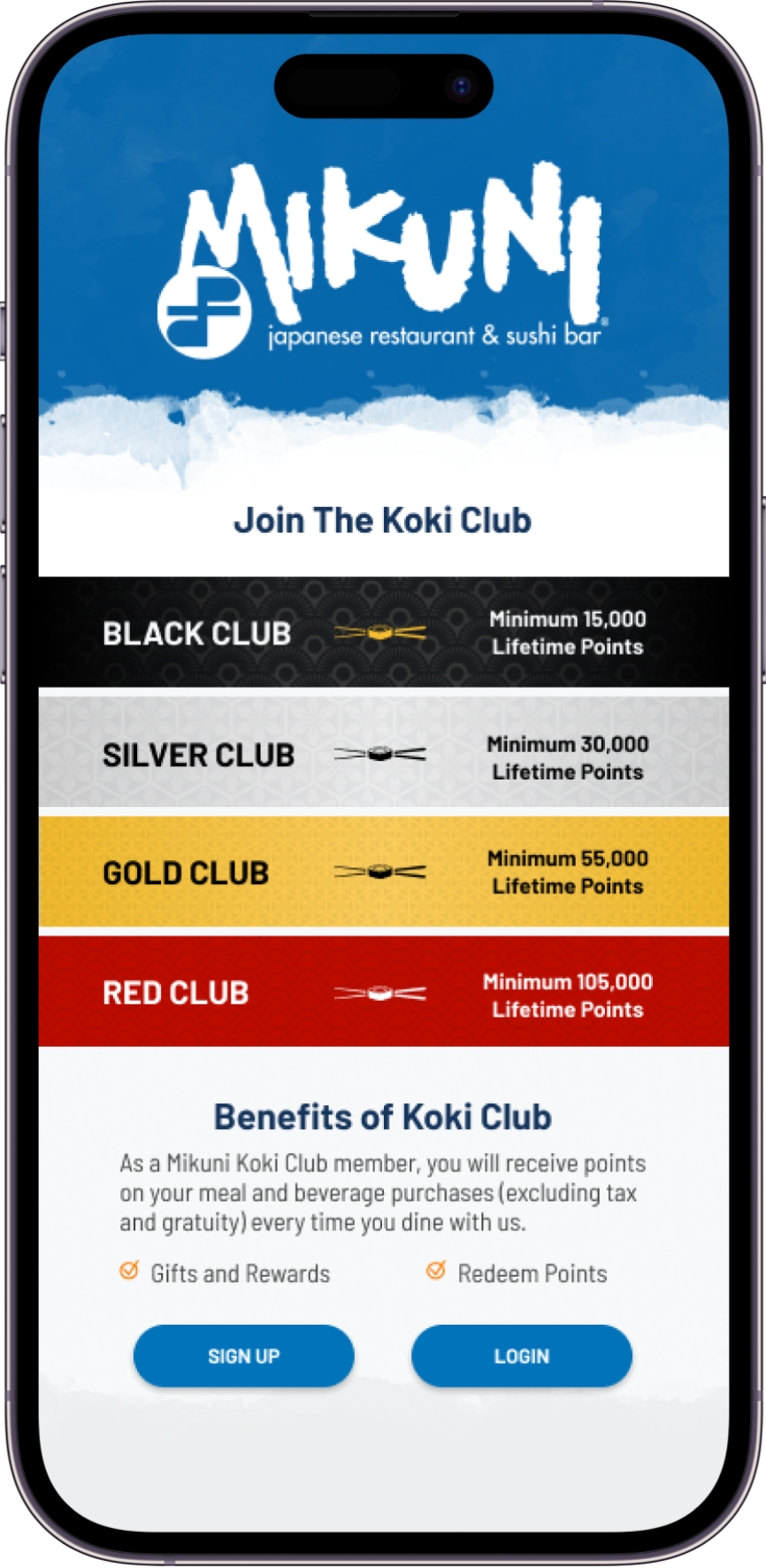 Mikuni Sushi mobile application sign-up screen with different Koki Club tiers