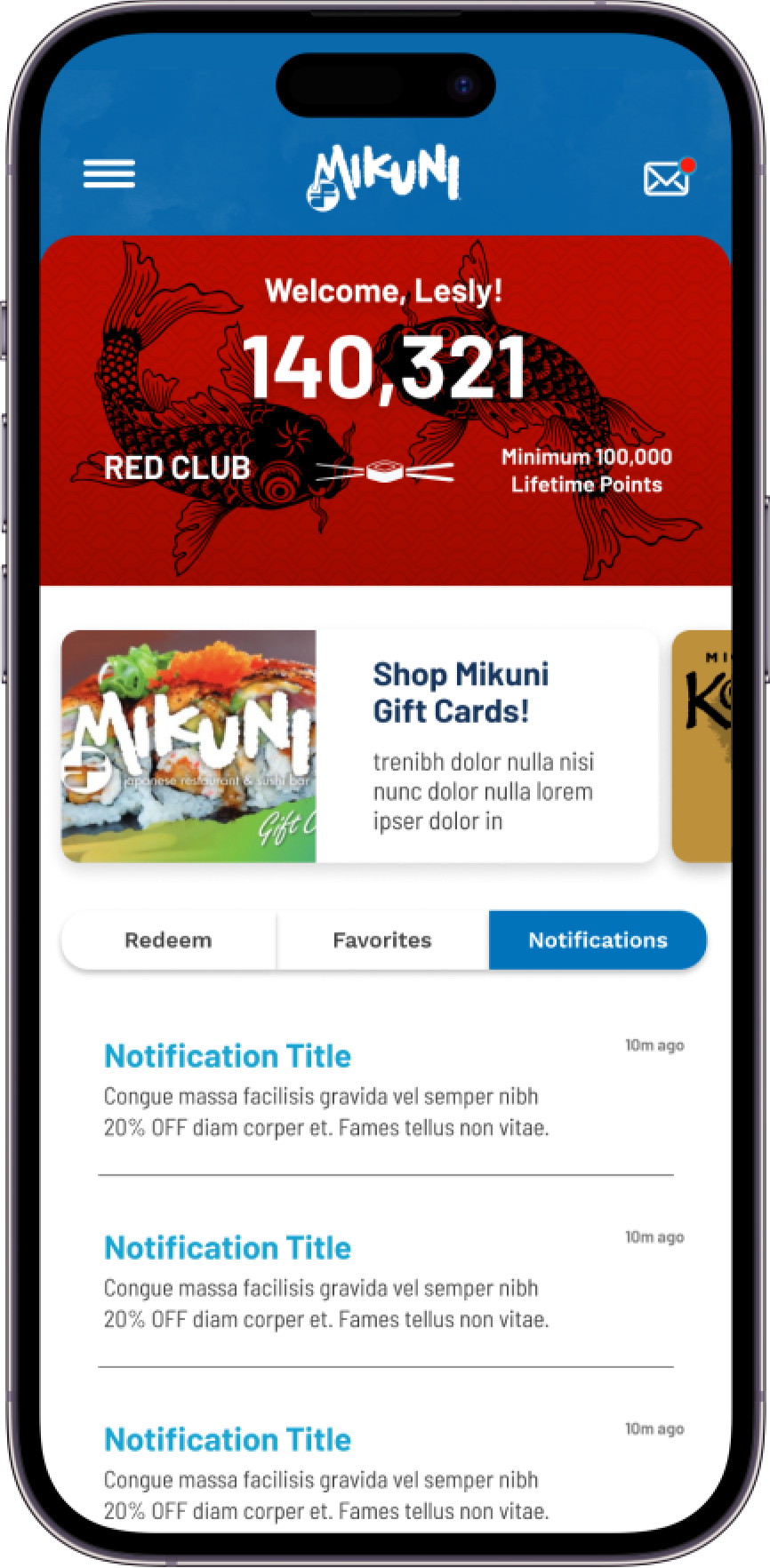 Mikuni Sushi mobile application member dashboard screen