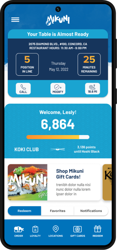 Mikuni Sushi mobile application table wait-list active screen on Samsung Galaxy