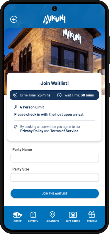 Mikuni Sushi mobile application join-waitlist form screen on Samsung Galaxy