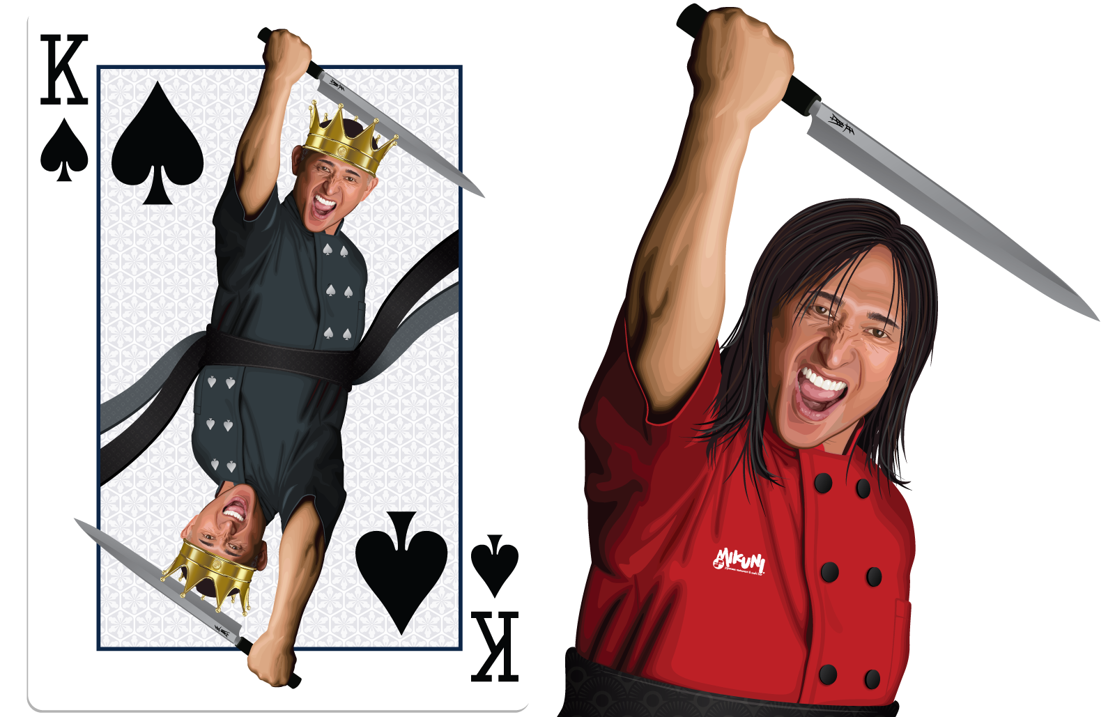 Novelty king playing card illustration of Chef Taro Arai with crown and sushi knife & also with ornamentation removed