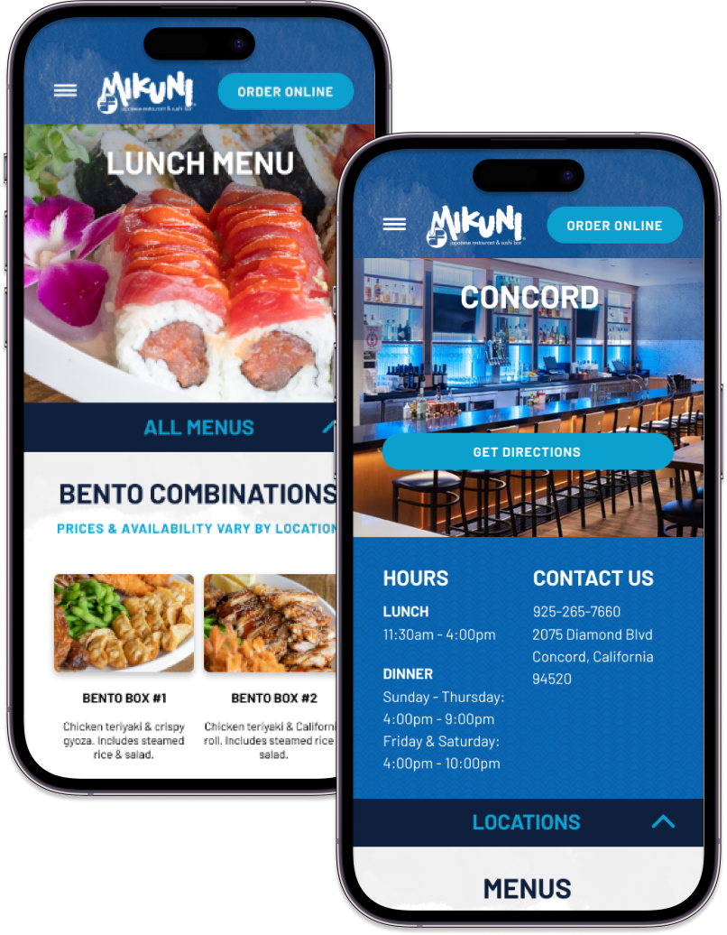 Mikuni Sushi mobile lunch menu and Concord location detail pages