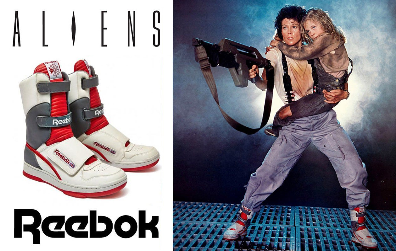 Reebok Alien Stomper Movie Sneaker and Sigourney Weaver as Ripley holding Newt with a rifle