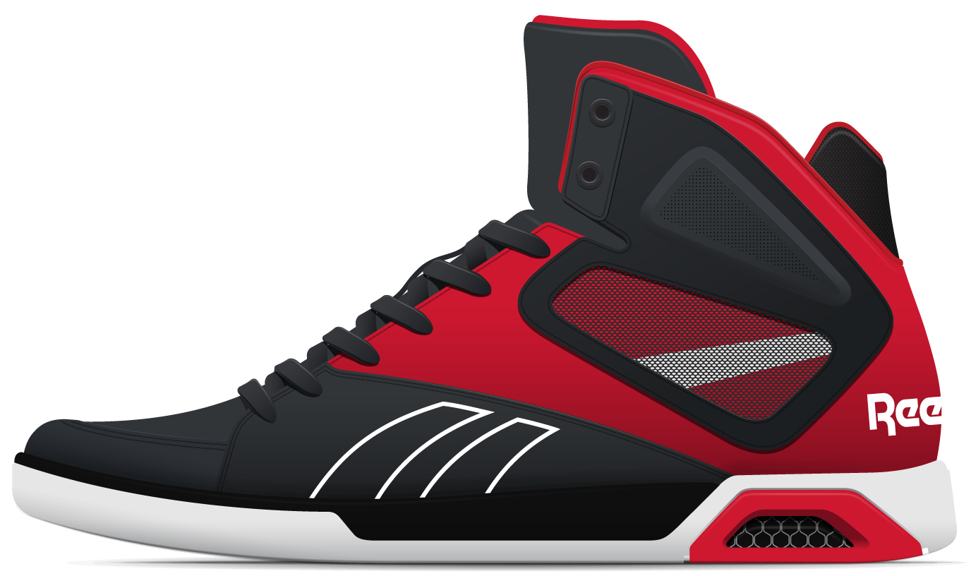 Product rendering of red, black and white Reebok high-top sneaker